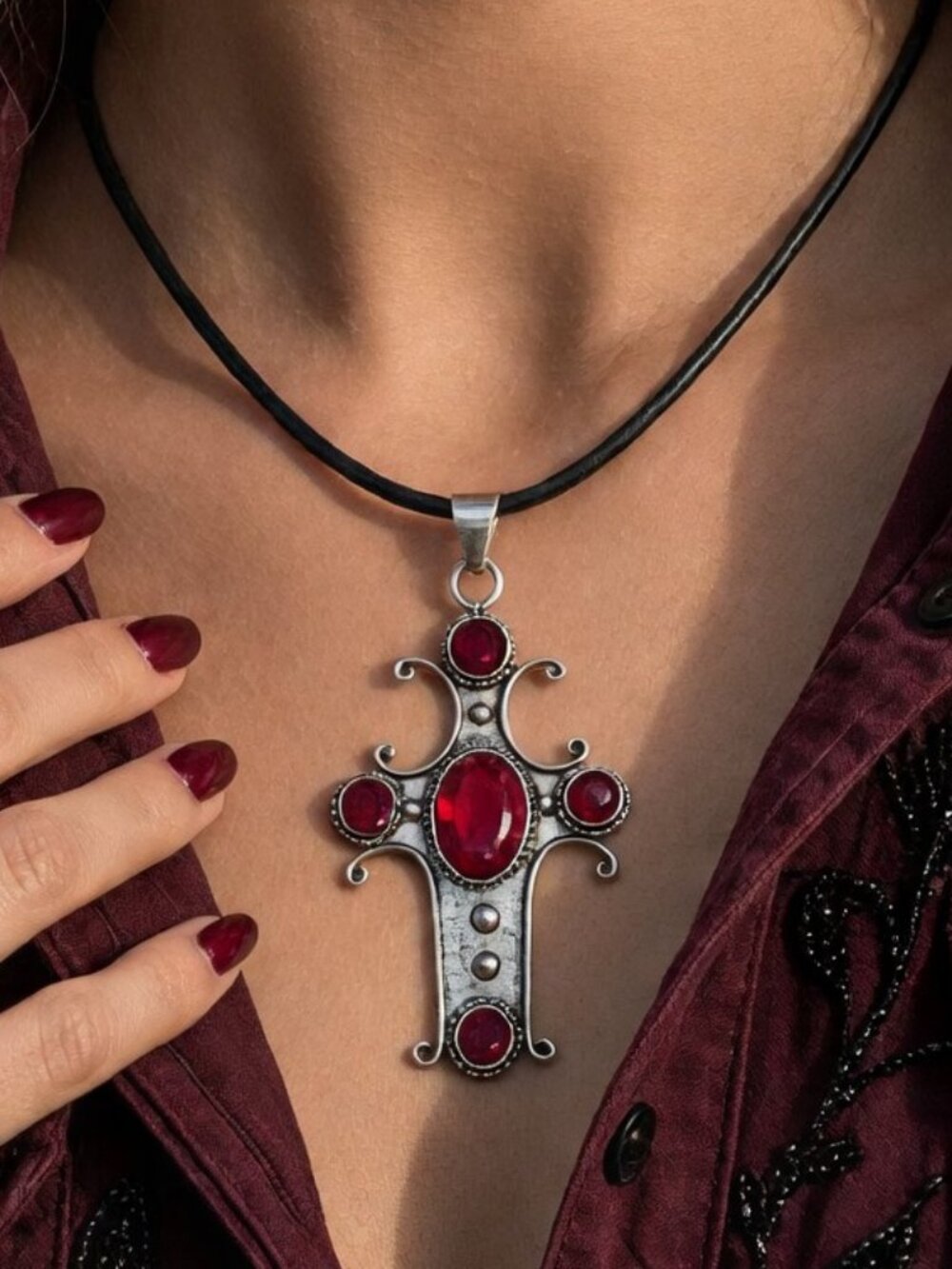 Garnet Cross Pendant Necklace 925 Sterling Silver Black Leather Cord Gothic 18"